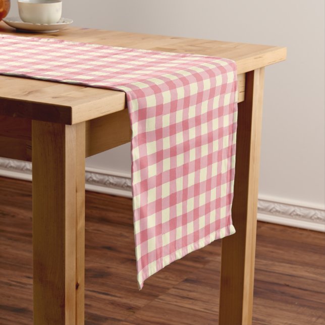 Hand Drawn Imperfect Plaid Farmhouse Deep Pink Short Table Runner (In Situ)