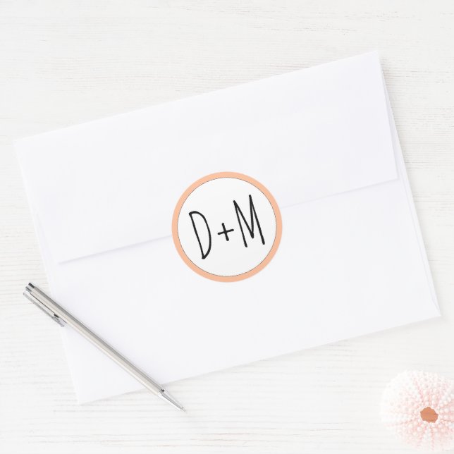 Hand drawn initials typography peach wedding classic round sticker (Envelope)