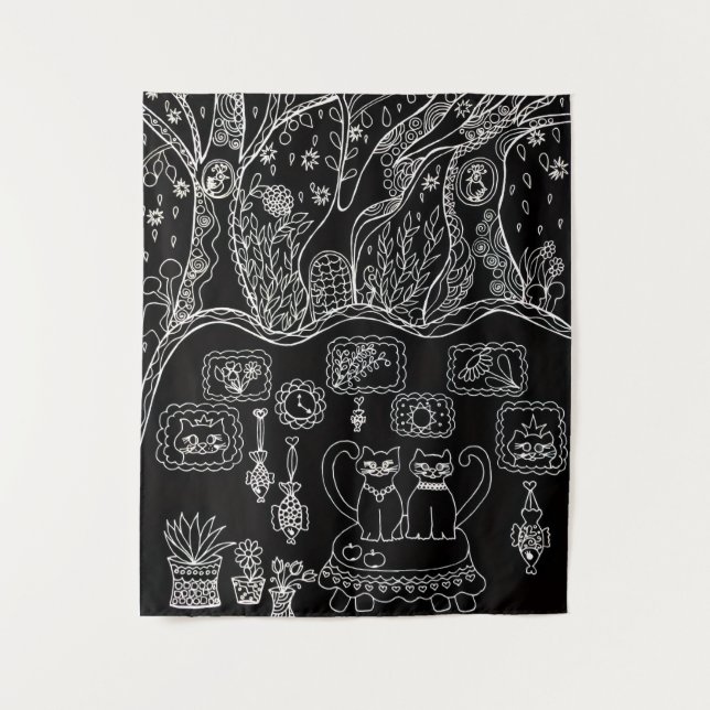 Hand-drawn intricate cats tapestry (Front)