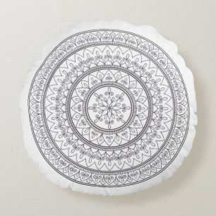 Hand Drawn Intricate Mandala Art For Colouring In Round Cushion