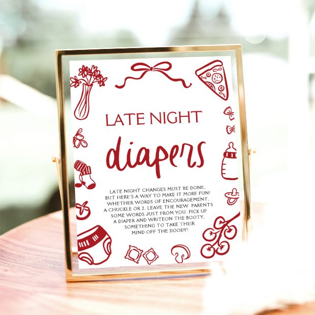Hand Drawn Italian Baby Shower Late Night Diapers Poster (Hand Drawn Italian Baby Shower Late Night Diapers Sign)