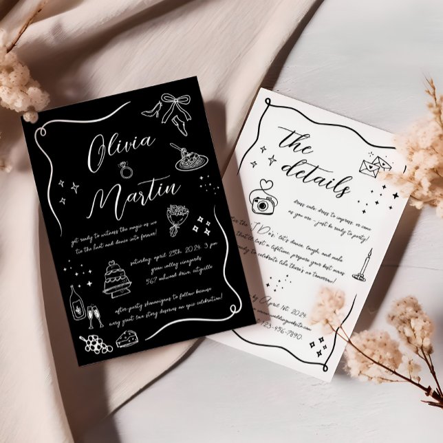 Hand drawn Italian Doodle Black and White Wedding Invitation (Creator Uploaded)