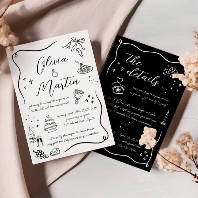 Hand drawn Italian Doodle Black and White Wedding Invitation (Creator Uploaded)