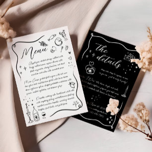 Hand drawn Italian Doodle Black and White Wedding Menu