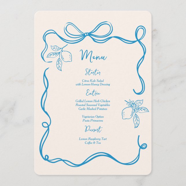 Hand Drawn Italian Lemon Wedding Flat Menu (Front)