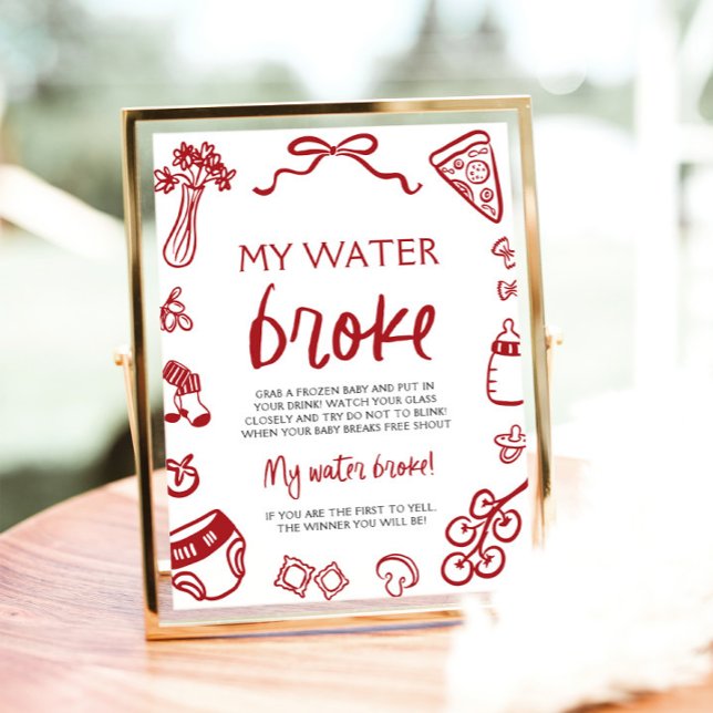 Hand Drawn Italian My Water Broke Baby Shower Game Poster (Hand Drawn Italian My Water Broke Baby Shower Game Sign)