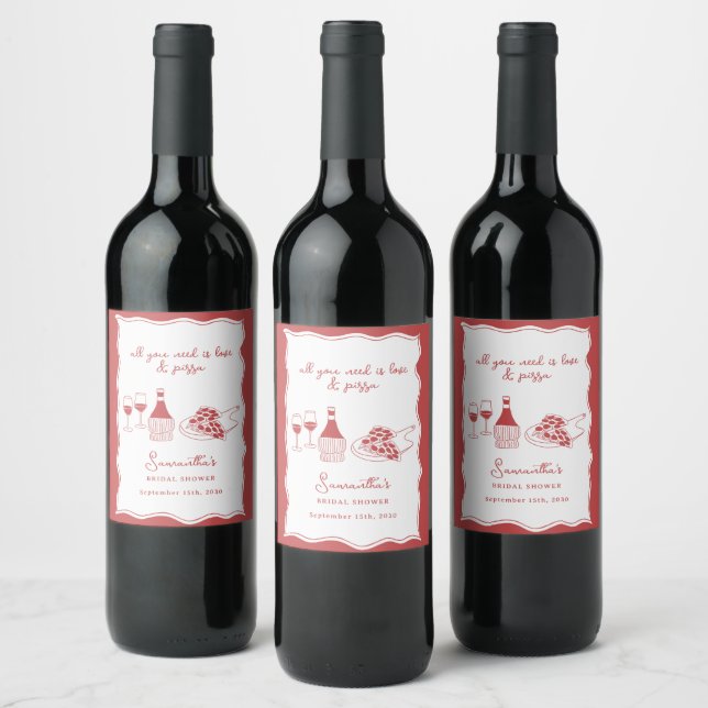 Hand Drawn Italian Pizza Wine Bridal Shower Sign Wine Label (Bottles)