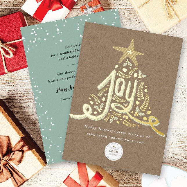 Hand Drawn Joy Calligraphy Rustic Foliage Business Foil Holiday Card (Creator Uploaded)