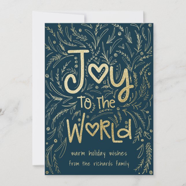 Hand Drawn Joy to the World in Navy Christmas Holiday Card (Front)