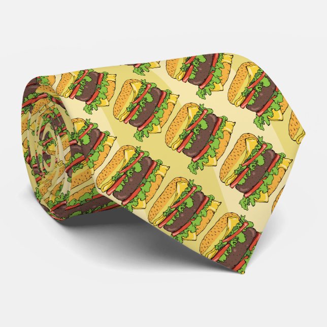 Hand Drawn Juicy Cheeseburgers Burger Pattern Tie (Rolled)