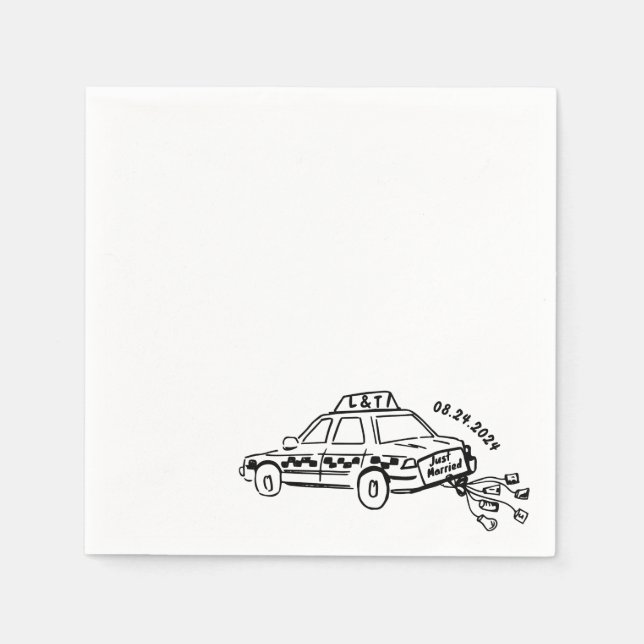 Hand Drawn Just married taxi Cocktail Wedding  Napkin (Front)