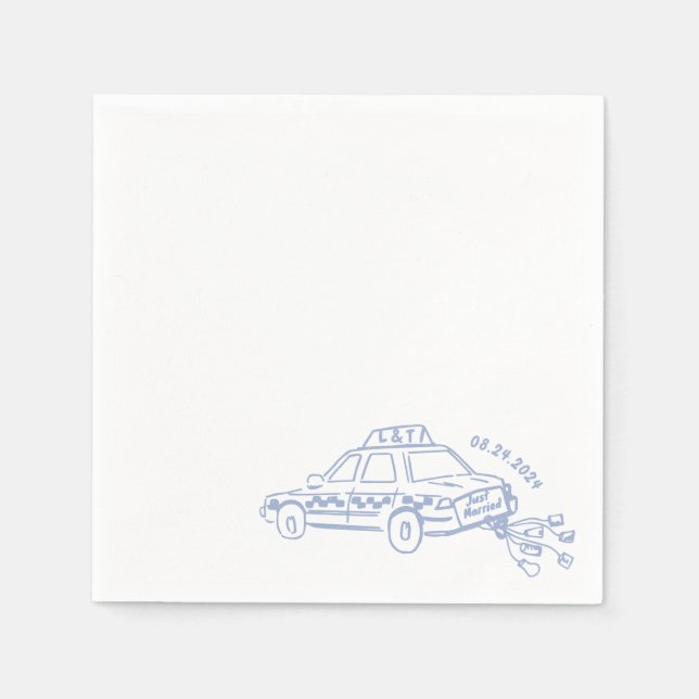 Hand Drawn Just married taxi Cocktail Wedding  Napkin (Front)