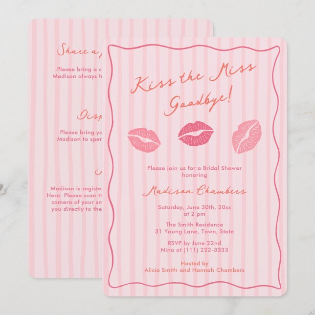 Hand-drawn Kiss The Miss Goodbye Bridal Shower Invitation (Front/Back)