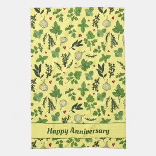 Hand Drawn Kitchen Herbs Patterned Cream Tea Towel