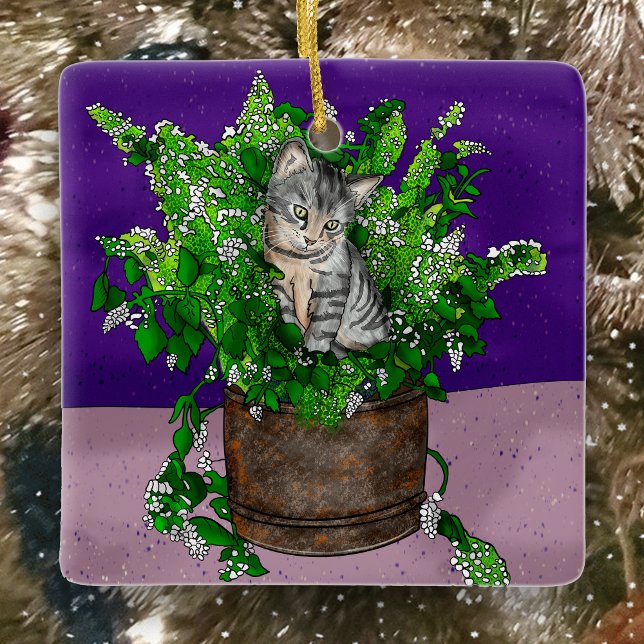 Hand drawn Kitten sitting in Catnip Christmas Ceramic Ornament (Creator Uploaded)
