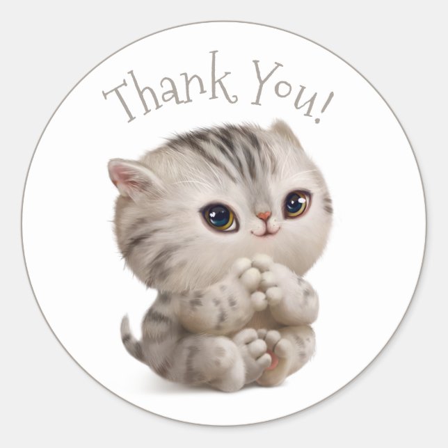 Hand Drawn Kitten with Thank You Typography Classic Round Sticker (Front)