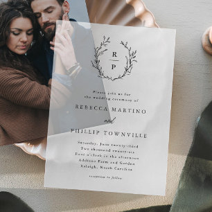 Hand Drawn Laurel Wreath Monogram Wedding Vellum Invitations