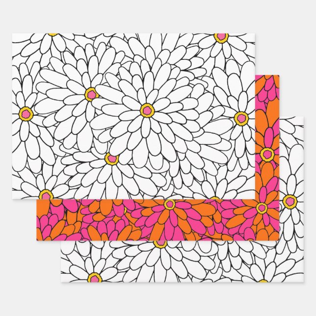 Hand Drawn Layered Zinnia Abstract Patterns Wrapping Paper Sheet (Set)