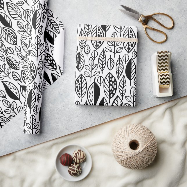 Hand Drawn Leaf Pattern Black ID495 Wrapping Paper (Crafts)