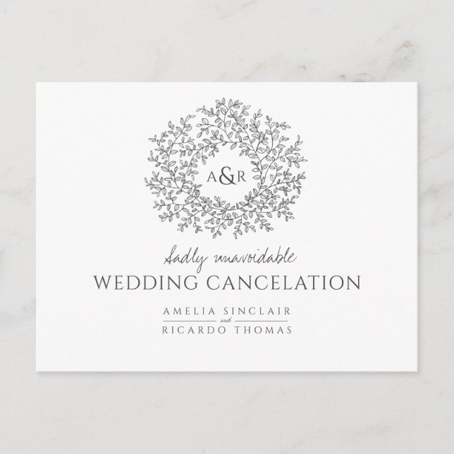 hand drawn leaf wedding cancellation dark grey announcement postcard (Front)