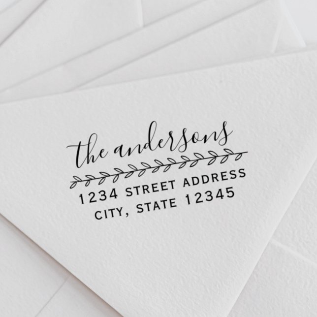 Hand Drawn Leaves Family Name Return Address Rubber Stamp (Creator Uploaded)