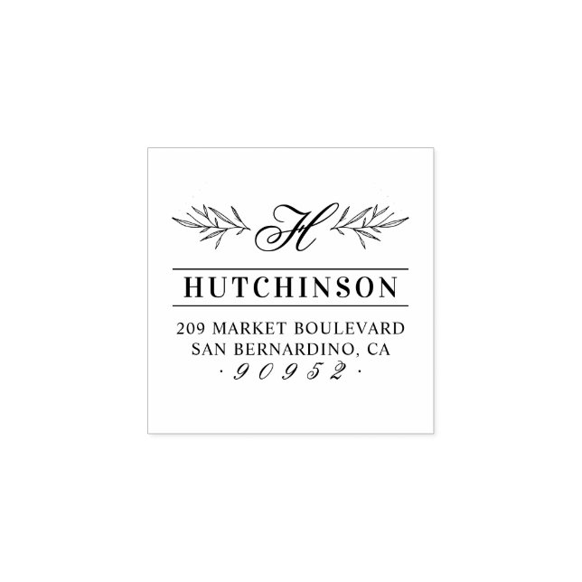 Hand-drawn Leaves Monogram Family Return Address Rubber Stamp (Imprint)