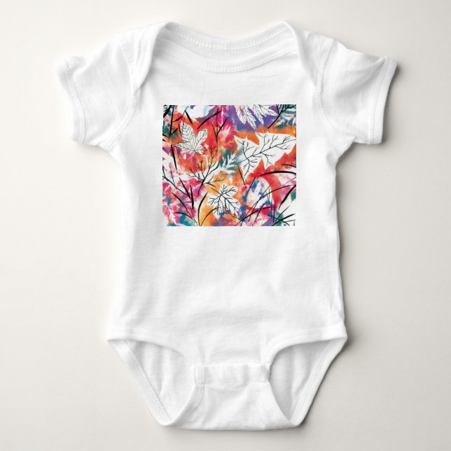 Hand Drawn Lemons, Blue Leaves Pattern. Baby Bodysuit (Front)