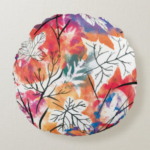 Hand Drawn Lemons, Blue Leaves Pattern. Round Cushion
