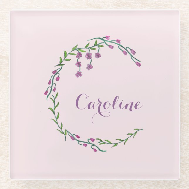 Hand Drawn Letter C Initial Monogram Vines Flowers Glass Coaster (Front)