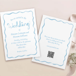 Hand Drawn Light Blue Wavy Frame QR RSVP Wedding Invitation