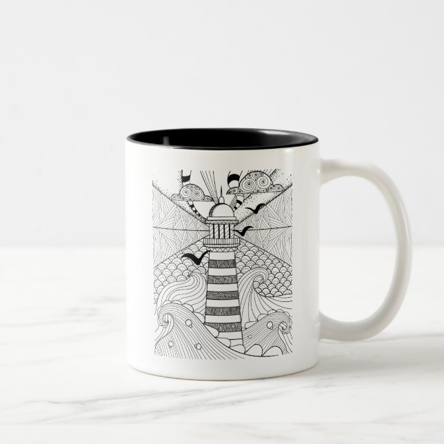 Hand Drawn Lighthouse Doodle Two-Tone Coffee Mug (Right)