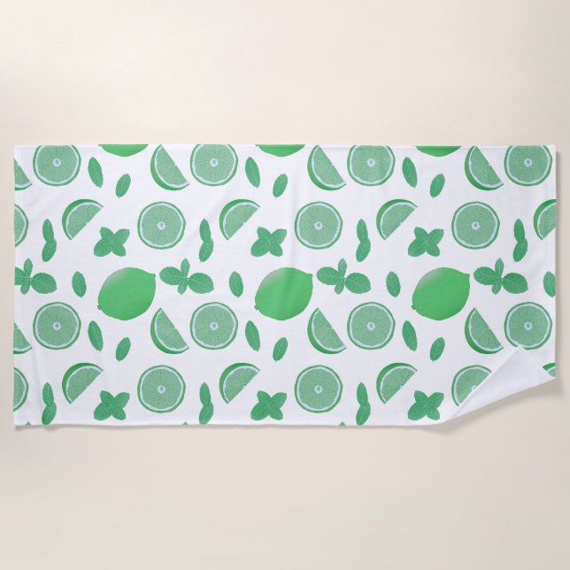 Hand Drawn Lime & Mint Botanical Beach Towel (Front)