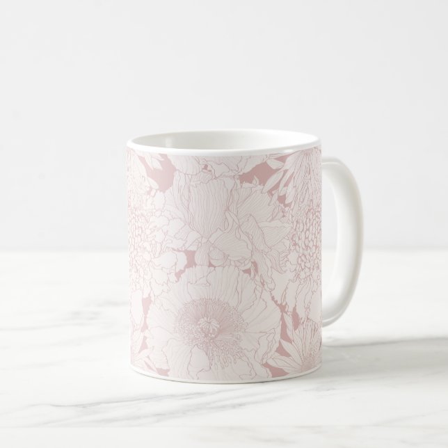 Hand drawn line garden and tropical flowers. coffee mug (Front Right)