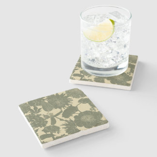 Hand drawn line garden and tropical flowers. stone coaster