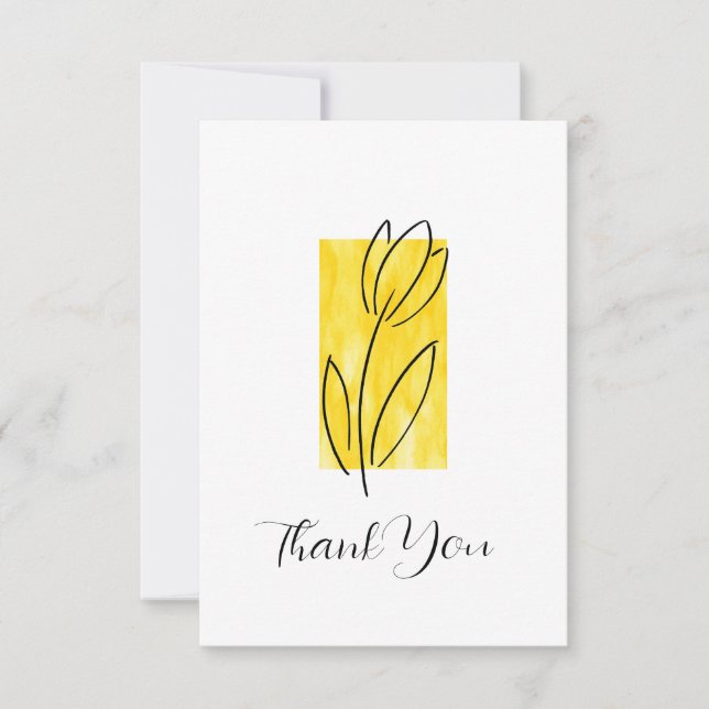 Hand Drawn Linear Tulip Yellow Watercolor Abstract Thank You Card (Front)