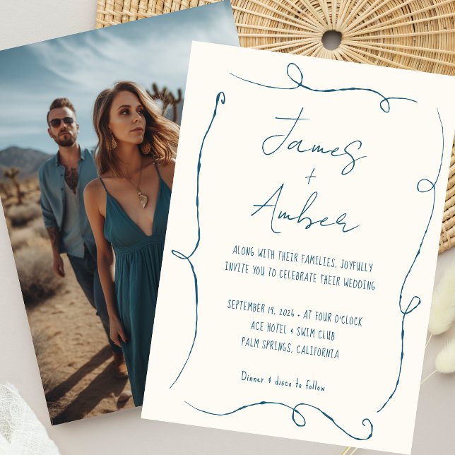 Hand Drawn Lines Teal Blue Wedding Photo Save The Date (Creator Uploaded)