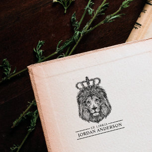 Hand Drawn Lion With Crown   Custom Name Ex Libris Rubber Stamp
