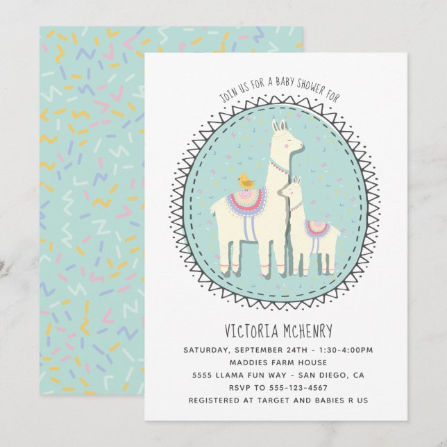 Hand drawn Llama Baby Shower Invitation (Front/Back)