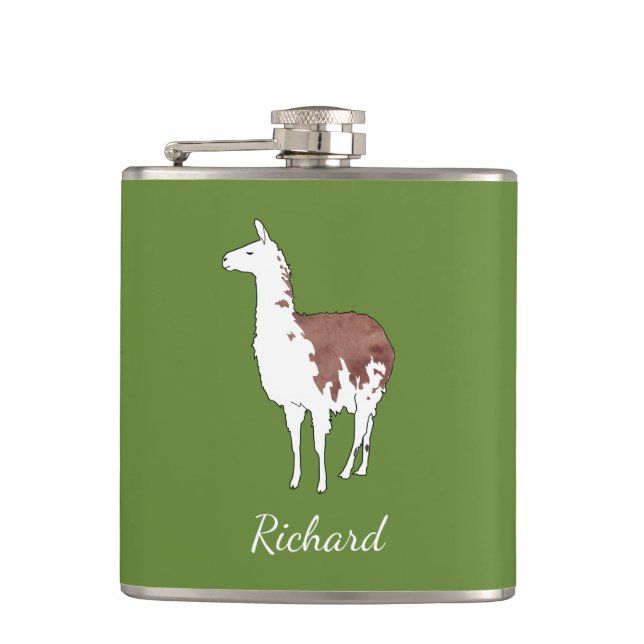 Hand Drawn Llama U-Pick Background Colour Hip Flask (Front)