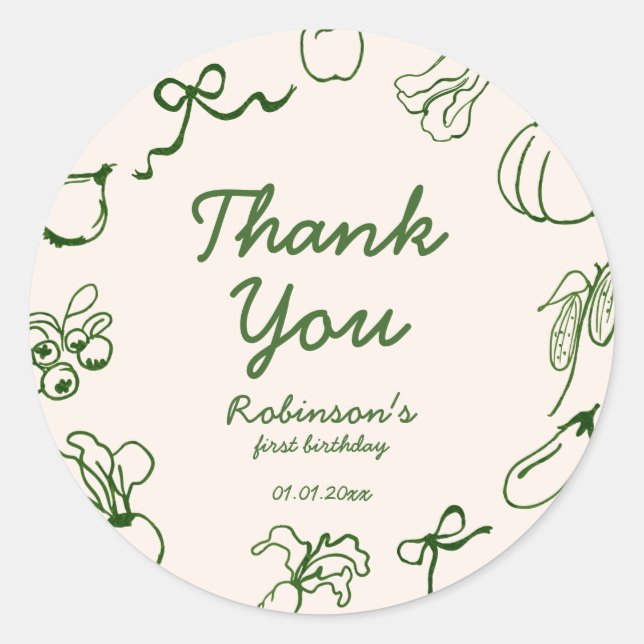 Hand Drawn Locally Grown Farm 1st Birthday Classic Round Sticker (Front)