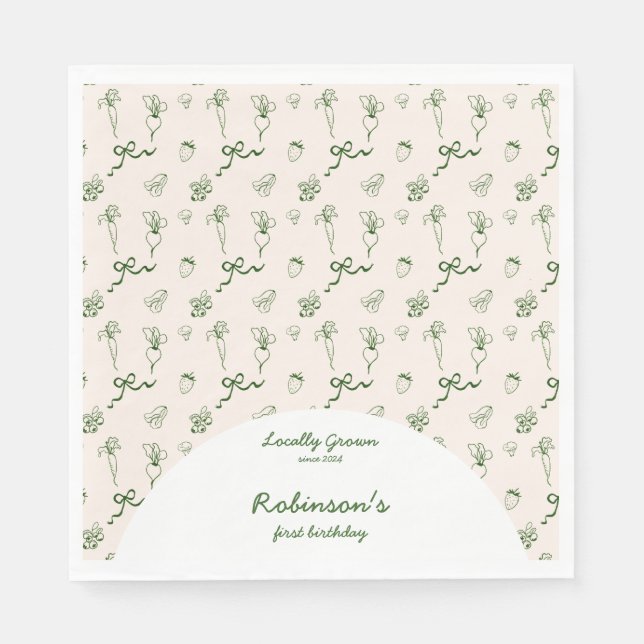 Hand Drawn Locally Grown Farm 1st Birthday Napkin (Front)
