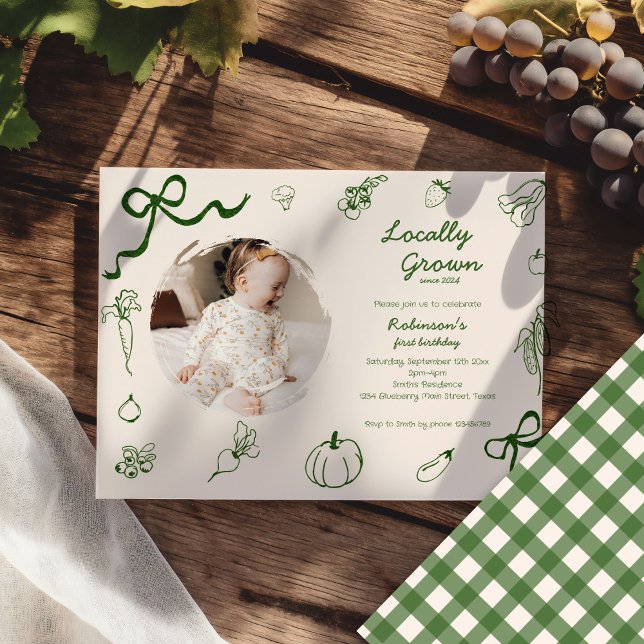 Hand Drawn Locally Grown Farm 1st Birthday Photo Invitation (Creator Uploaded)
