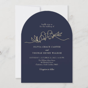 Hand Drawn Love Birds Navy Blue QR Wedding Invitation