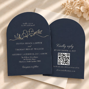 Hand Drawn Love Birds Navy Blue QR Wedding Invitation