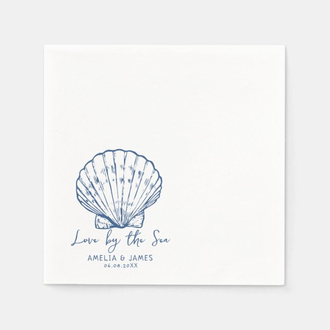 Hand Drawn Love by the Sea Seashell wedding Napkin (Front)