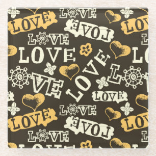 Hand Drawn Love Pattern Glass Coaster