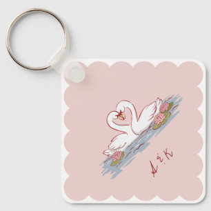 Hand-drawn Love Swans scalloped border wedding Key Ring