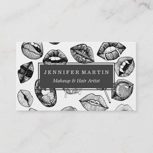 Hand Drawn Luscious Lips in Black and White Business Card (Front)