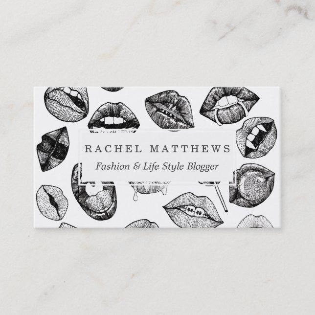 Hand Drawn Luscious Lips in Black and White Business Card (Front)