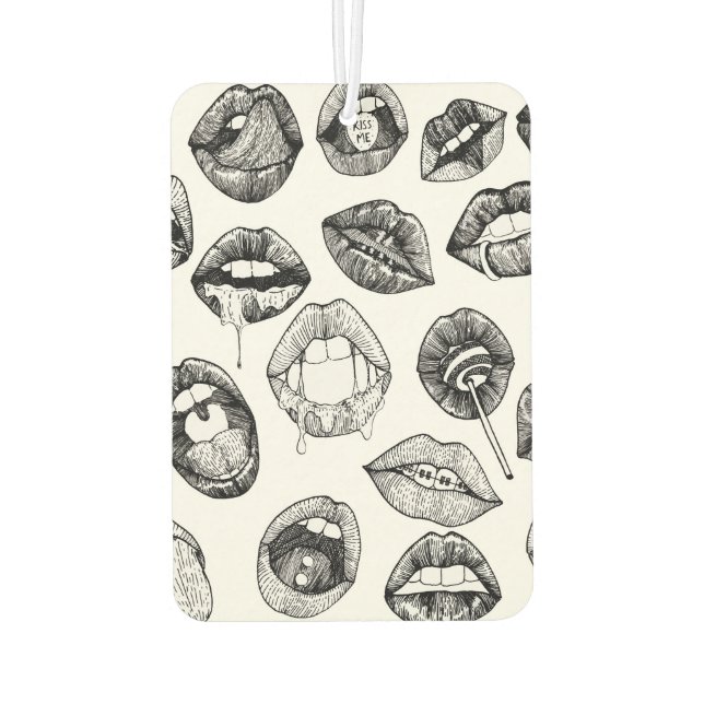 Hand Drawn Luscious Lips in Black and White Car Air Freshener (Back)